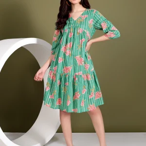 Cotton Green Floral Pleated Mid-Length Dress, 3/4 Sleeves