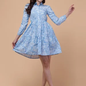 Women's Blue Cotton Floral Fit & Flare Full Sleeve Dress with Shirt Collar