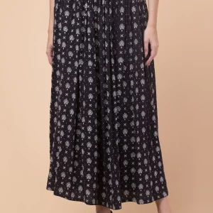 Women's Black Rayon Skirt with White Geometric and Floral Prints