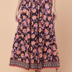 Women's Black Floral Maxi Skirt with Geometric Border Design