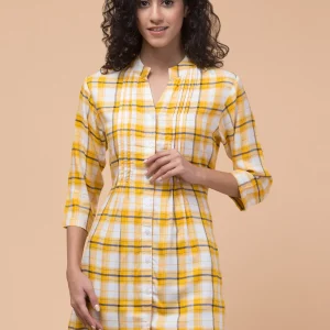 Women's Yellow Plaid Rayon Tunic: Effortless Style with Front Button