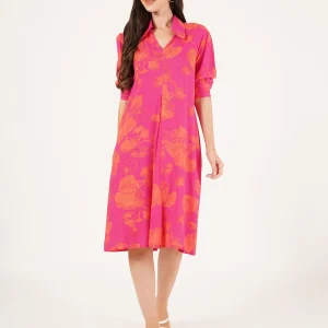 Rayon Pink Floral Knee Length Dress 3/4 Sleeves