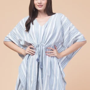 Women's Blue Cotton Striped Kaftan Top with V-Neck & Drawstring Waist | Relaxed Fit | 36-Inch Length