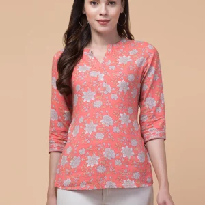 Women's Coral Floral V-Neck Top with Three-Quarter Sleeves | Lightweight Rayon Casual Wear