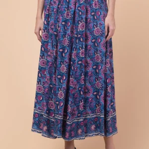 Women's Blue Rayon Long Skirt with Vibrant Floral Print | Elastic Waistband | Flowy 36-Inch Ankle-Length Skirt