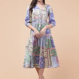 Women’s Satin Abstract Print Midi Dress | Multicolor V-Neck 3/4th Sleeve Flowy A-Line Dress