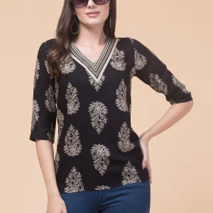Women's Black Jaipuri Print Rayon Kurti | Stylish V-Neck Floral Design Top with 3/4th Sleeves