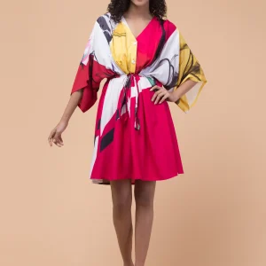 Women’s Vibrant Printed Rayon Dress – Stylish Multicolor Fit & Flare Kaftan Dress with Drawstring Waist